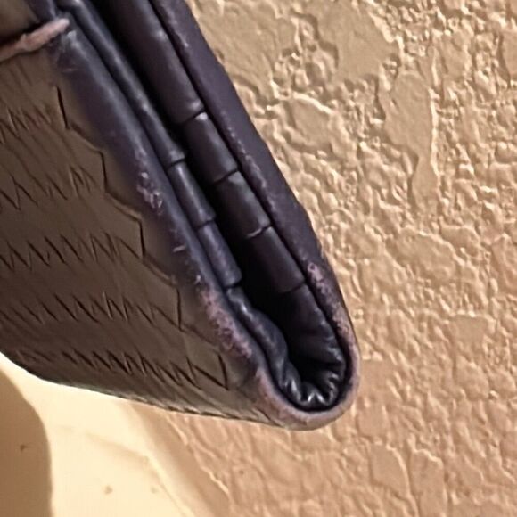 Bottega Veneta Double Zipper Foldover Clutch Wallet Navy Blue Woven Leather - Picture 12 of 14